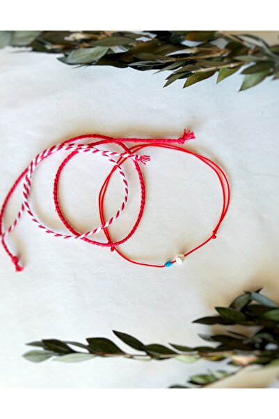 Atölye Merdiven 3lü set Turkuaz ve İnci detaylı Kırmızı Halhal Seti