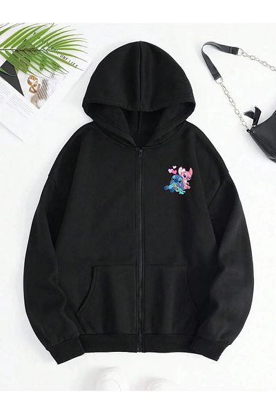 makiteks Lilo Sitiched εμπριμέ με κουκούλα καγκουρό τσέπη Oversize εποχιακή φούτερ με φερμουάρ / ζακέτα