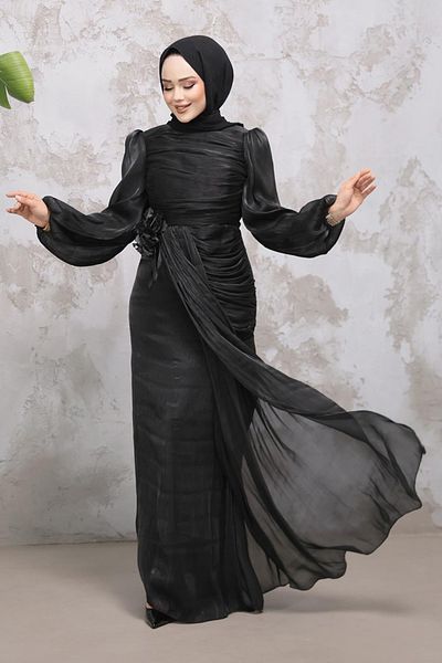 Neva Style Black Hijab Drape Detailed Evening Dress 51203S