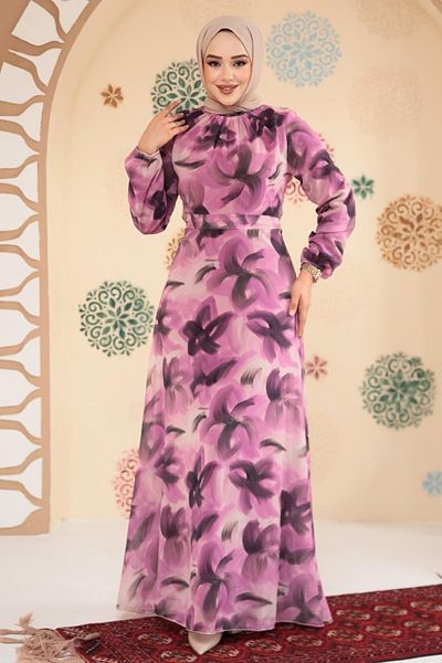 Neva Style Floral Patterned Dusty Rose Hijab Dress 279906 Gk