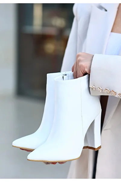 FASHIONLINE Loora White Leather Heeled Boots