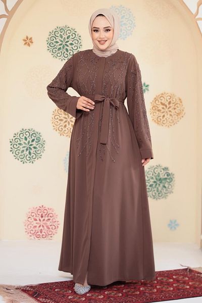 Neva Style Beaded Caramel Hijab Ferace 29102Krml