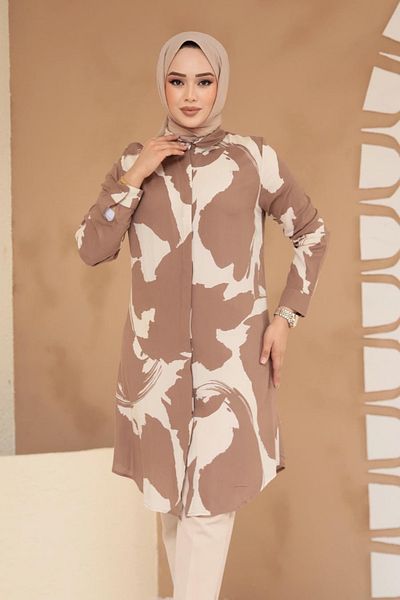 Neva Style Patterned Mink Hijab Viscose Tunic 11728V
