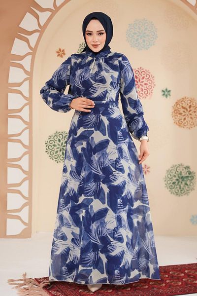 Neva Style Floral Patterned Navy Blue Hijab Dress 279907 L