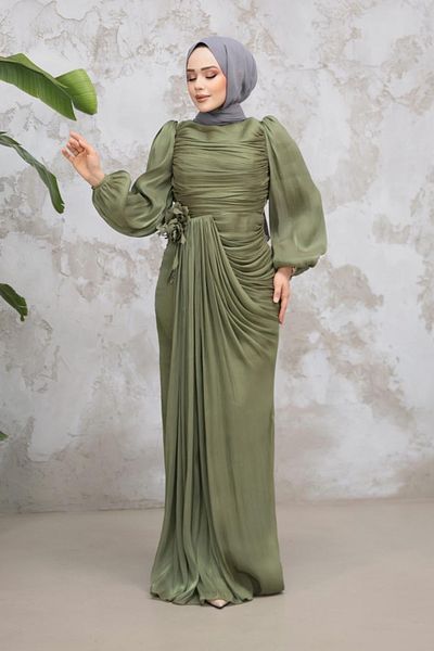 Neva Style Hijab Evening Dress - Khaki Hijab Evening Dress with Drape Detail 51203Hk