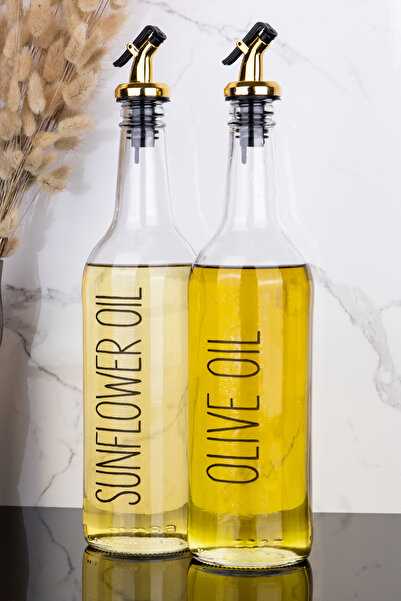 Dolkin Home 2li 750 ml Ayçiçek Yağı ve Zeytinyağı Etiketli Yağlık Sıvı Yağ Şişesi Gold Tıpalı Cam Yağdanlık