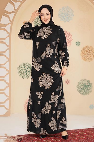 Neva Style Patterned Black Hijab Dress 15732S