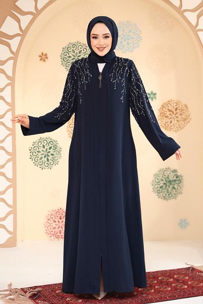 Neva Style عباية حجاب مطرزة باللون الأزرق الداكن 29110AL