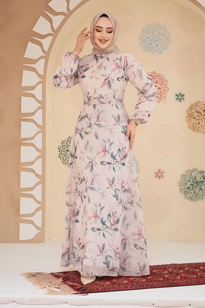 Neva Style Floral Patterned Beige Hijab Dress 279915 Beige