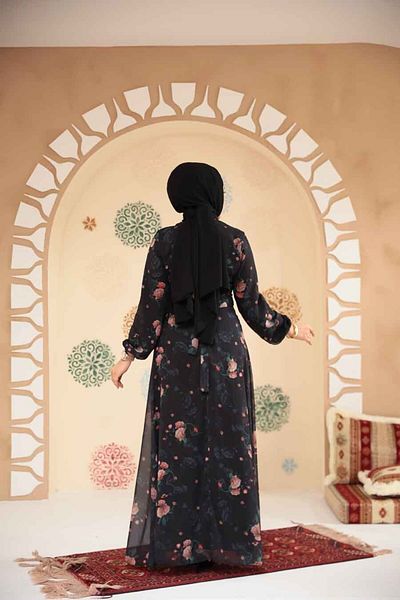 Neva Style Floral Patterned Black Hijab Dress 279908 S