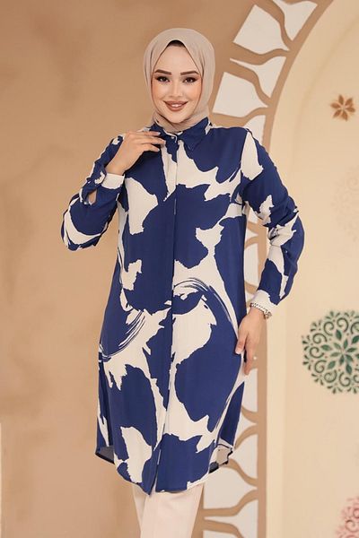 Neva Style Patterned Navy Blue Hijab Viscose Tunic 11728L