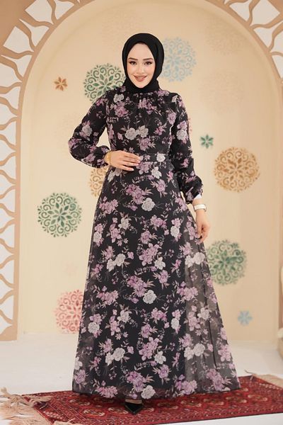 Neva Style Floral Patterned Black Hijab Dress 279912 S