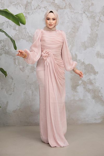 Neva Style Hijab Evening Dress - Drape Detailed Powder Hijab Evening Dress 51203Pd
