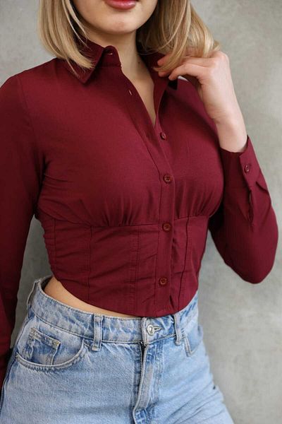 mirabella Cămașă Crop Damă Slim Fit Talie Elastică Roșu Claret