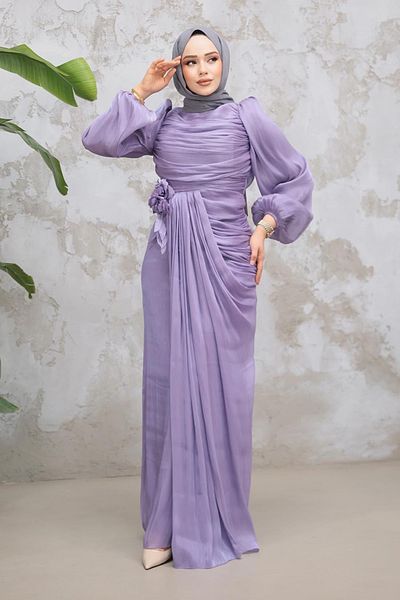 Neva Style Drape Detailed Lilac Hijab Evening Dress 51203Lıla
