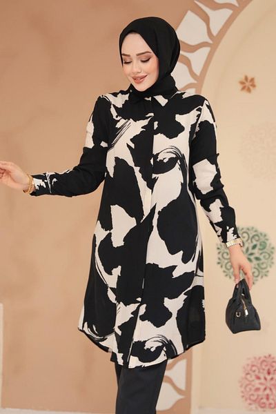 Neva Style Patterned Black Hijab Tunic Model No: 11728S