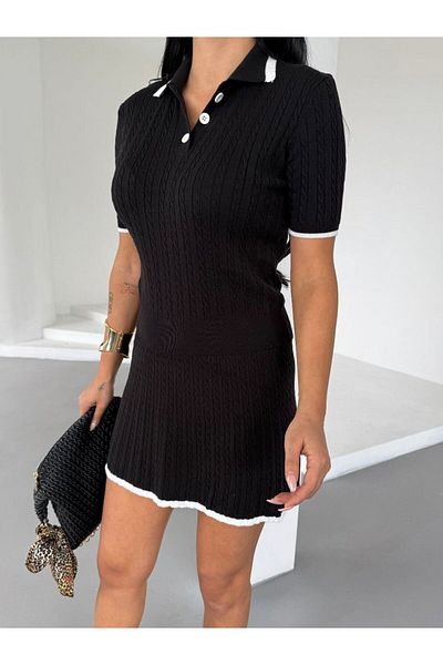 Cistern İstanbul Women's Black Summer Cotton Polo Neck Stripe Detailed Double Suit