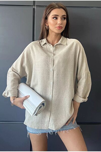 Style Oversize Büyük Beden Ve Tesettüre Uygun  Arka Çift Pens Keten Gömlek Ta...