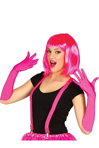 Skygo Fuchsia Color Satin Long Gloves and Blunt Party Wig