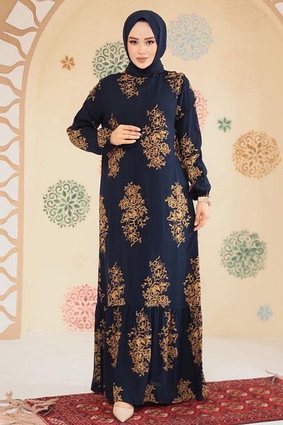 Neva Style Patterned Navy Blue Hijab Dress 15731L
