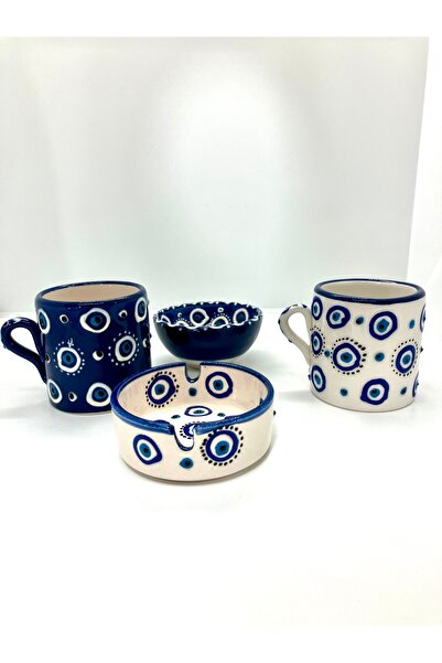 Store Duble Türk Kahvesi Fincanı Lokumluk Küllük Mavi Nazar Boncuklu 4’lü Sunum Set