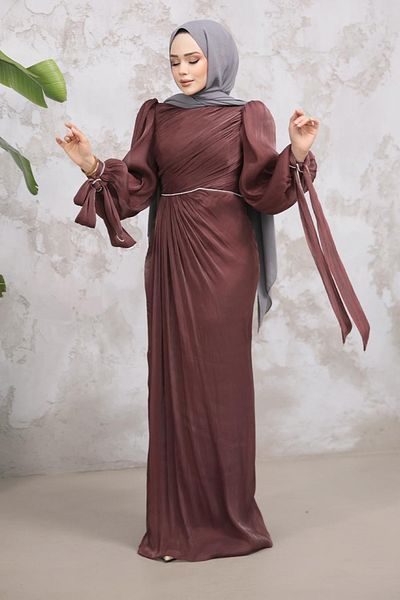 Neva Style Hijab Evening Dress - Brown Hijab Evening Dress with Drape Detail 50193Kh