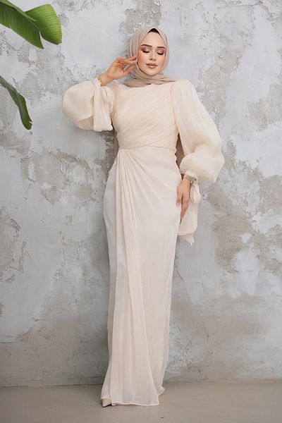 Neva Style Beige Hijab Evening Dress - Drapeосиials티Иti