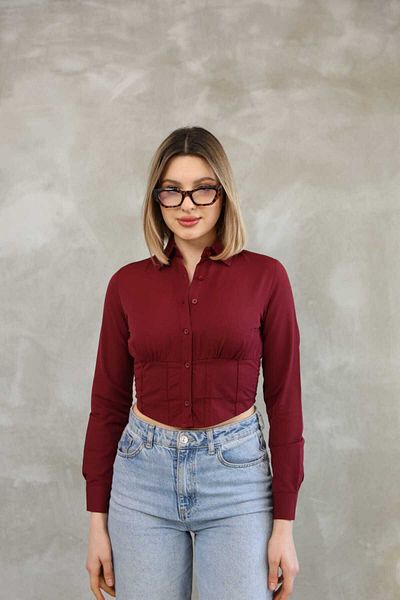 mirabella Cămașă Crop Damă Slim Fit Talie Elastică Roșu Claret