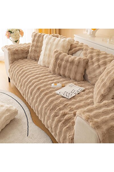 Comfy غطاء أريكة ناعم ومريح من الفرو الصناعي بني فاتح، 3 قطع، مقاس 210×90 سم
