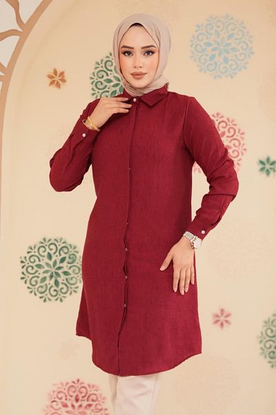 Neva Style Buttoned Burgundy Hijab Tunic 11734Br