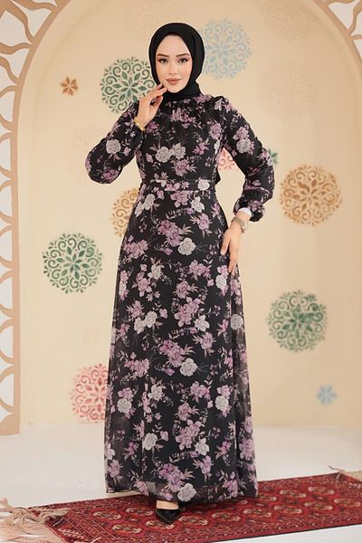 Neva Style Floral Patterned Black Hijab Dress 279912 S
