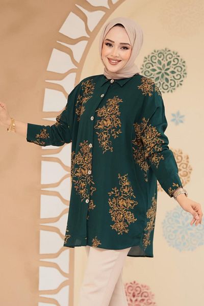Neva Style Patterned Emerald Green Hijab Tunic 20413Zy
