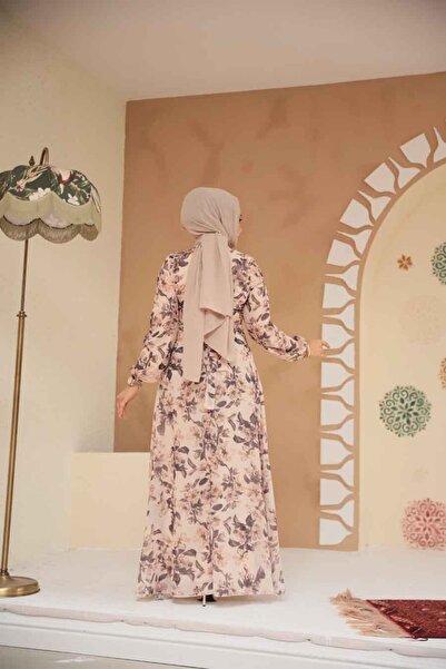 Neva Style Beige Hijab Dress Thin Resistant to Liyler Flower Pattern