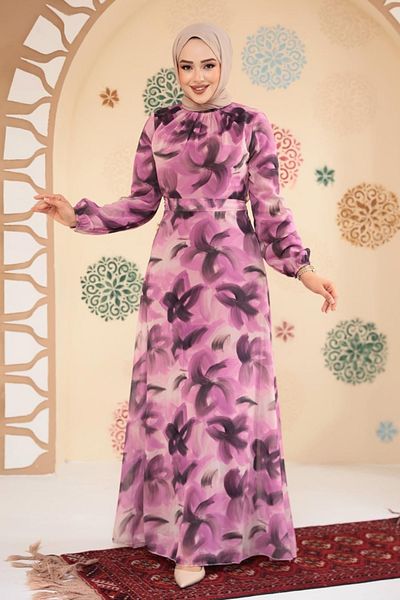Neva Style Floral Patterned Dusty Rose Hijab Dress 279906 Gk