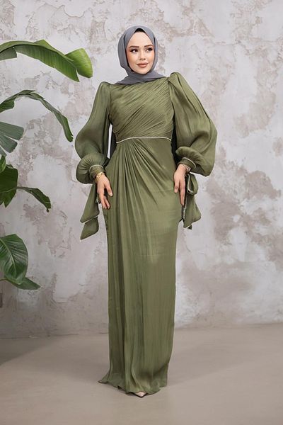 Neva Style Hijab Evening Dress - Khaki Hijab Evening Dress with Drape Detail 50193Hk