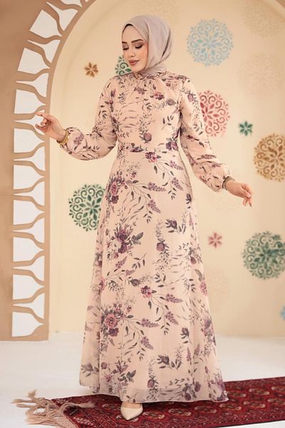 Neva Style Rochie Hijab Biscuit cu Motiv Floral 27960BS