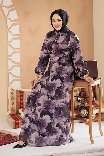 Neva Style Floral Patterned Dark Lilac Hijab Dress 279910 Klila