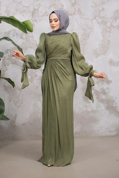 Neva Style Hijab Evening Dress - Khaki Hijab Evening Dress with Drape Detail 50193Hk