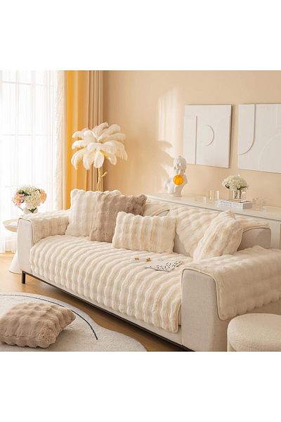Comfy Soft And Comfortable Faux Fur Off White 3Pc 210x90Cm Sofa Cover/Topper