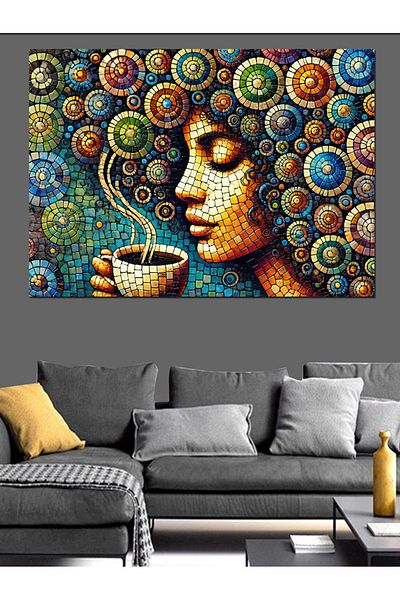 Tablomega Pânză decorativă pentru femeie abstractă care băut cafea - pictură din lemn MDF
