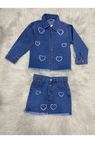 JELİBOOM Girl's Denim Heart Detailed Skirt Bottom Top Set
