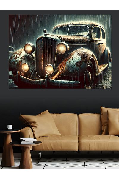 Tablomega Διακοσμητικός καμβάς Vintage Classic Car σε ατμό με βροχή - Ξύλινος πίνακας MDF