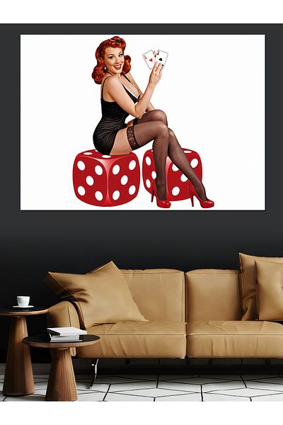 Tablomega Pin-Up Girl Διακοσμητικός καμβάς που κάθεται σε κόκκινο ζάρι - Ξύλινος πίνακας MDF