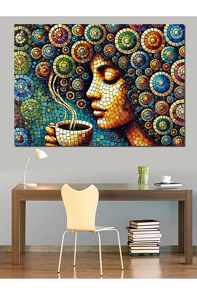 Tablomega Pânză decorativă pentru femeie abstractă care băut cafea - pictură din lemn MDF