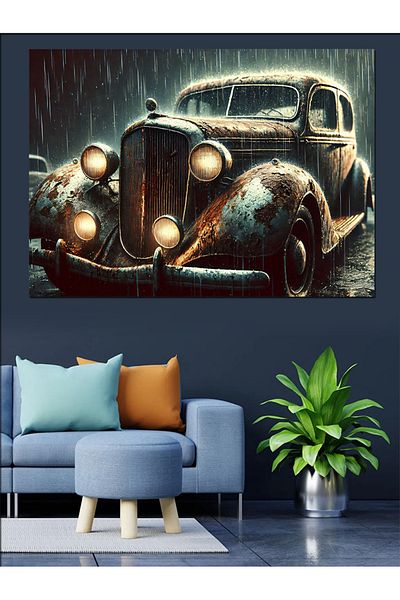 Tablomega Διακοσμητικός καμβάς Vintage Classic Car σε ατμό με βροχή - Ξύλινος πίνακας MDF