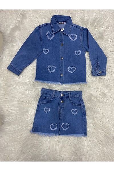 JELİBOOM Girl's Denim Heart Detailed Skirt Bottom Top Set