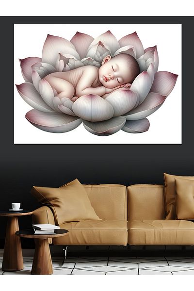 Tablomega Pânză Decorativă Floarea Lotusului și Bebeluş - Lemn MDF