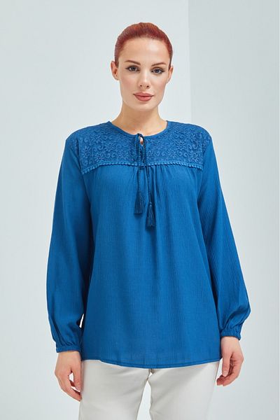 Elçelya Moda Γυναικεία Βαμβακερή χτενισμένη μπλούζα Indigo Blue Sile