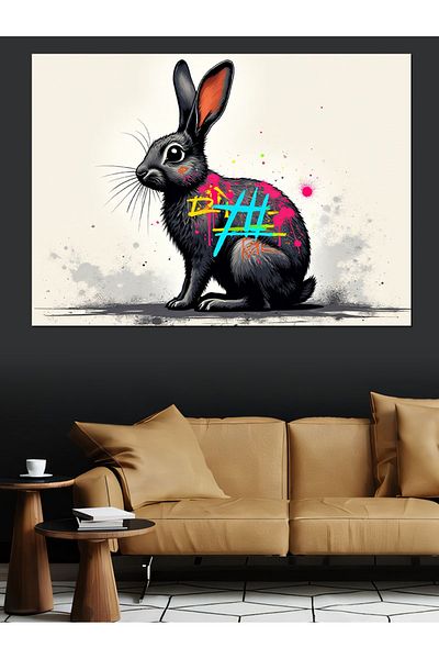 Tablomega Pânză decorativă cu figura de iepure cu graffiti - pictură din lemn MDF