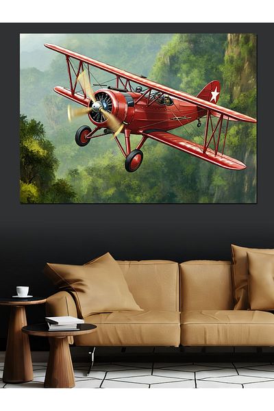 Tablomega Pânză decorativă cu avion cu două aripi roșii - Lemn MDF